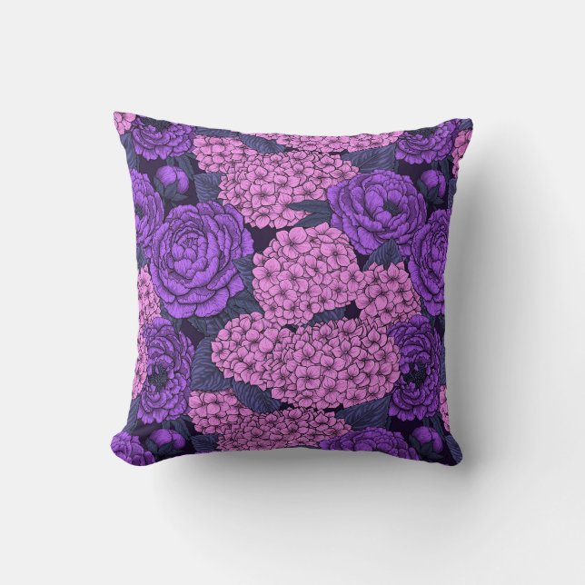 Peony and hydrangea in pink and violet cushion (Front)