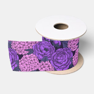Peony and hydrangea in pink and violet satin ribbon