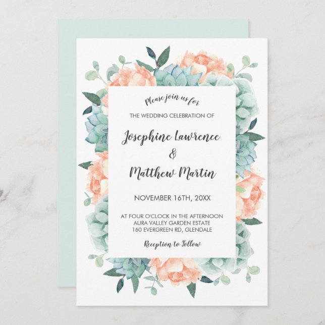Peony and Succulents Watercolor Floral Wedding Invitation (Front/Back)