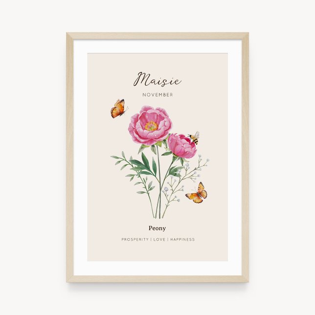 Peony Birth Month Flower Poster (Example of peony birth flower poster once framed. )