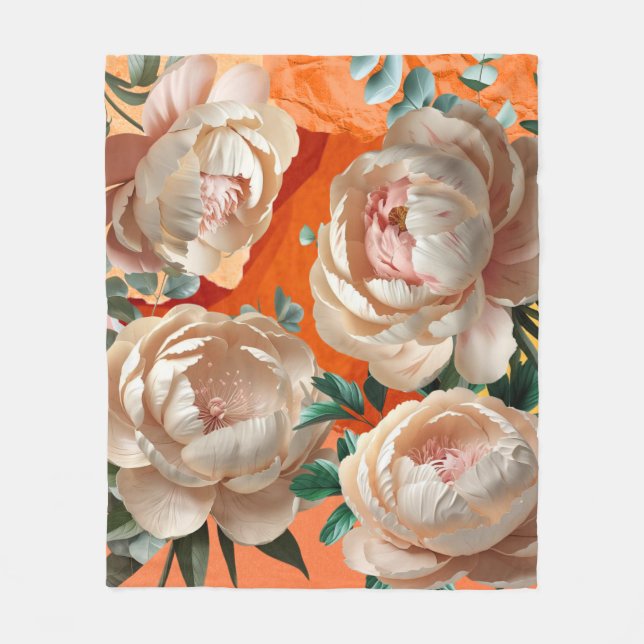 Peony Bloom Fleece Blanket Elegant Floral Decor (Front)