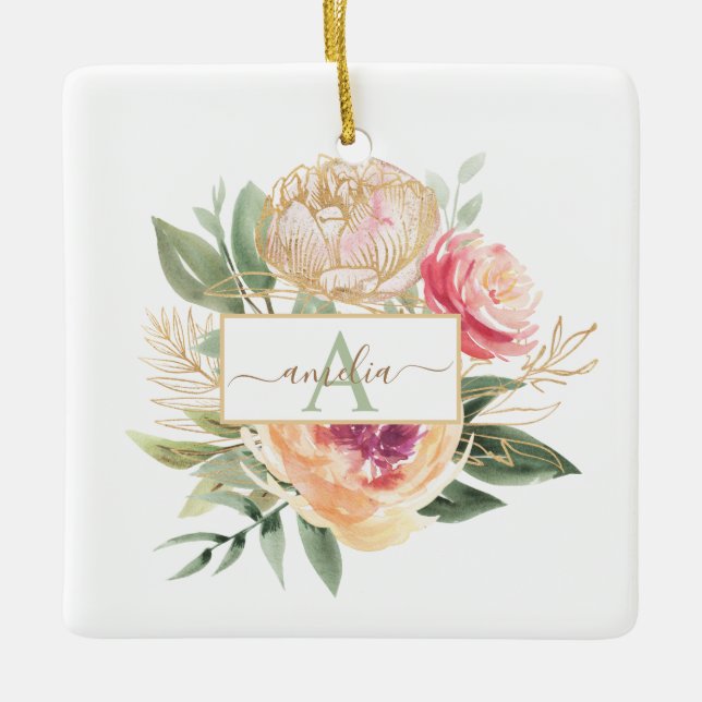 Peony Bloom monogram name Ceramic Decoration (Front)