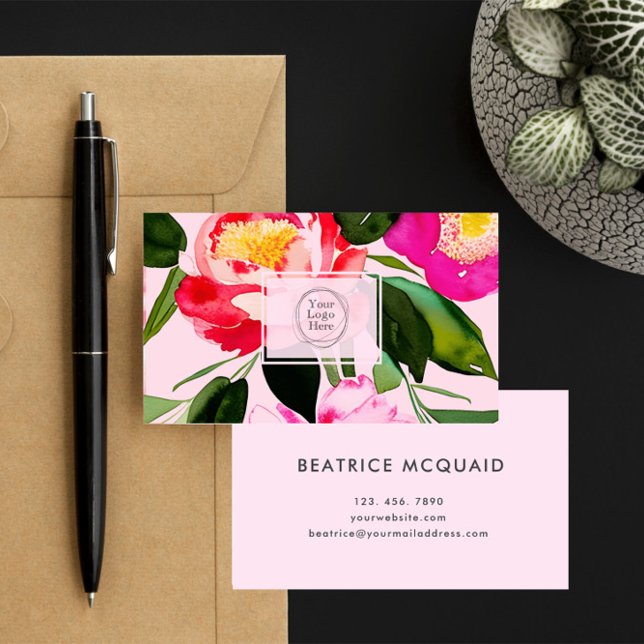 Peony Bloom Watercolor Floral Custom Logo Business Card (Creator Uploaded)