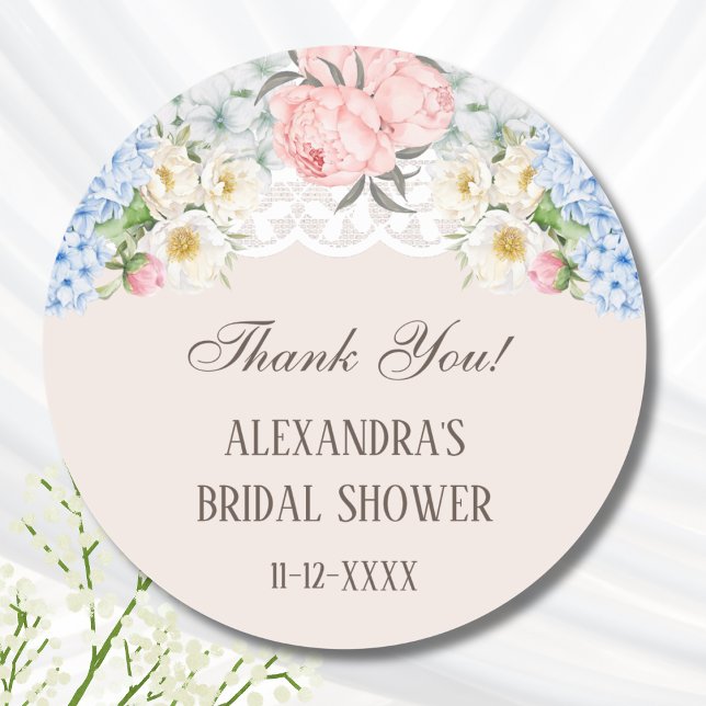 Peony Blue Hydrangea Bridal Shower Thank You Classic Round Sticker (Creator Uploaded)