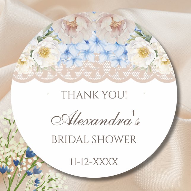 Peony Blue Hydrangea Bridal Shower Thank You Classic Round Sticker (Creator Uploaded)