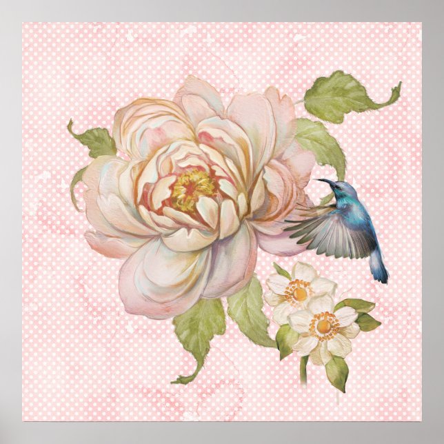 Peony Bouquet and Hummingbird Poster (Front)