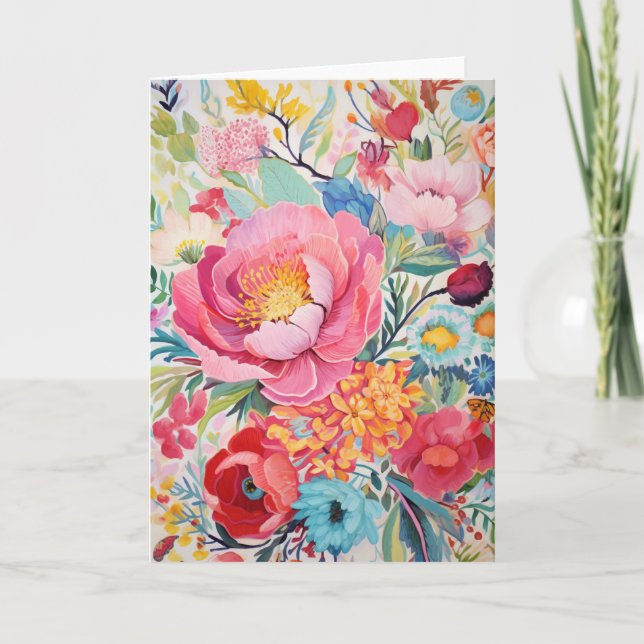 Peony Bouquet Bloom Abstract Art Holiday Card (Front)