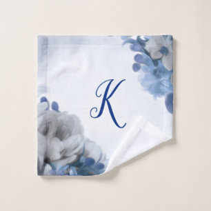 Peony Bouquet - Blue & Grey - Initial Washcloth Wash Cloth