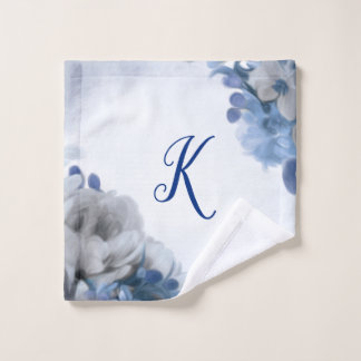 Peony Bouquet - Blue & Grey - Initial Washcloth Wash Cloth
