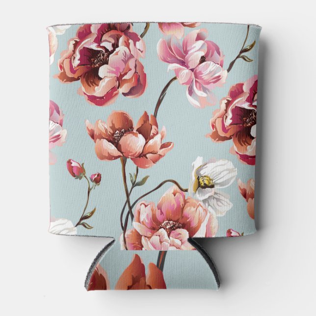 Peony Bouquet: Bright Floral Background Can Cooler (Front)
