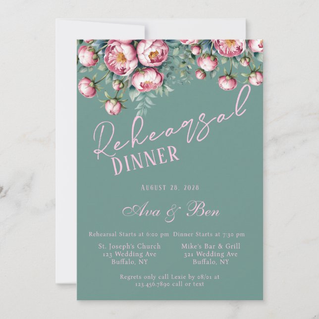 Peony Bouquet In Watercolor Rehearsal Dinner Invitation (Front)