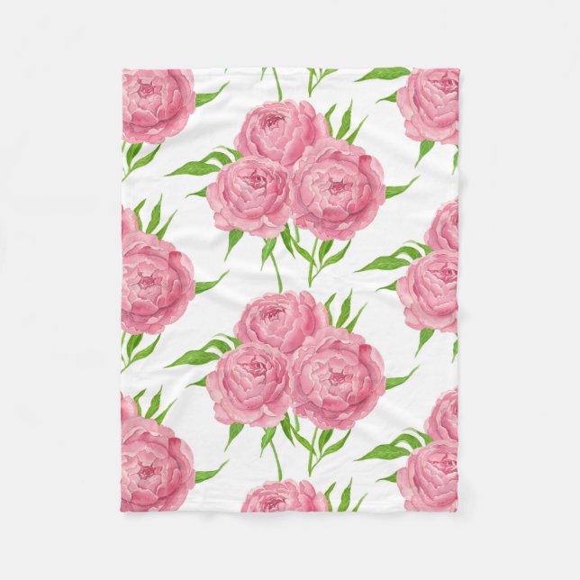 Peony bouquet watercolor pattern fleece blanket (Front)