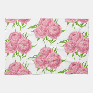 Peony bouquet watercolor pattern tea towel