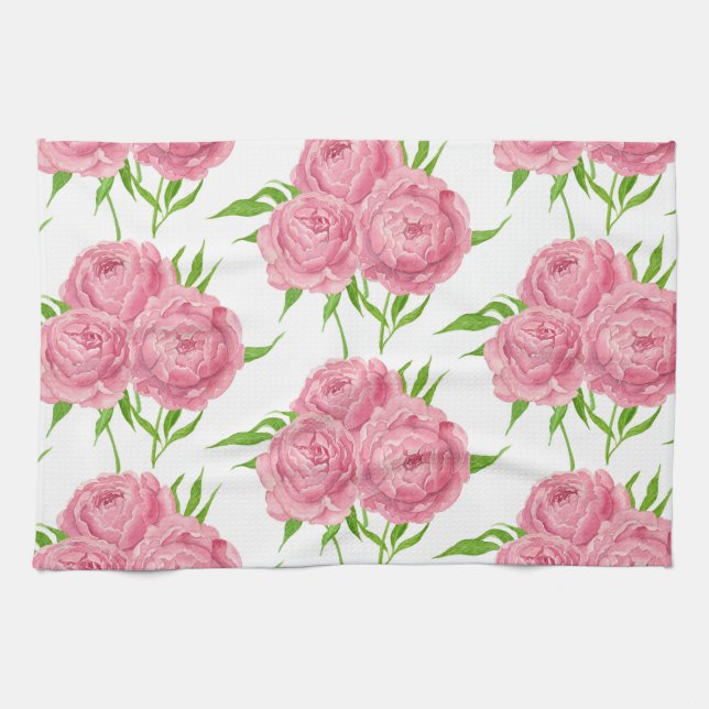 Peony bouquet watercolor pattern tea towel (Horizontal)