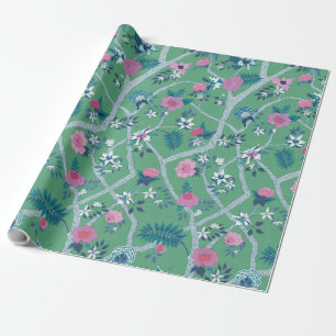 Peony Branch on Green Wrapping Paper