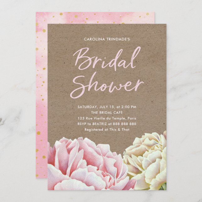 Peony Bridal Shower Blush Pink Paper Kraft Look Invitation (Front/Back)