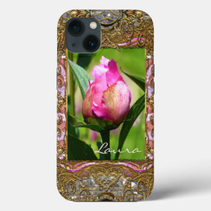 Peony Bud Elegant Floral Monogram   iPhone 13 Case
