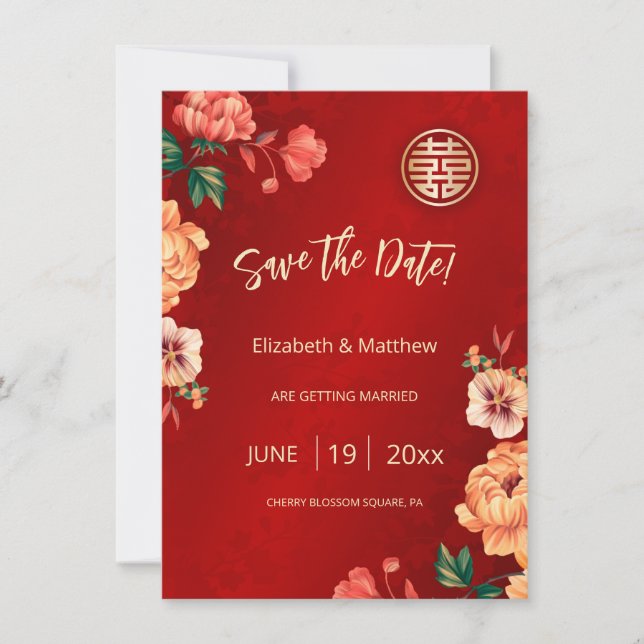 Peony Chinese Wedding Double Happiness   Save The Date (Front)