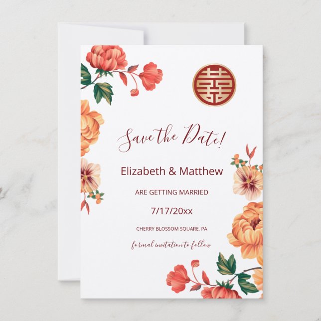 Peony Chinese Wedding Double Happiness   Save The Date (Front)