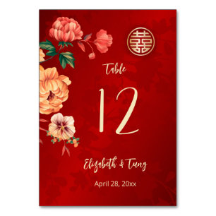 Peony Chinese Wedding Table Number