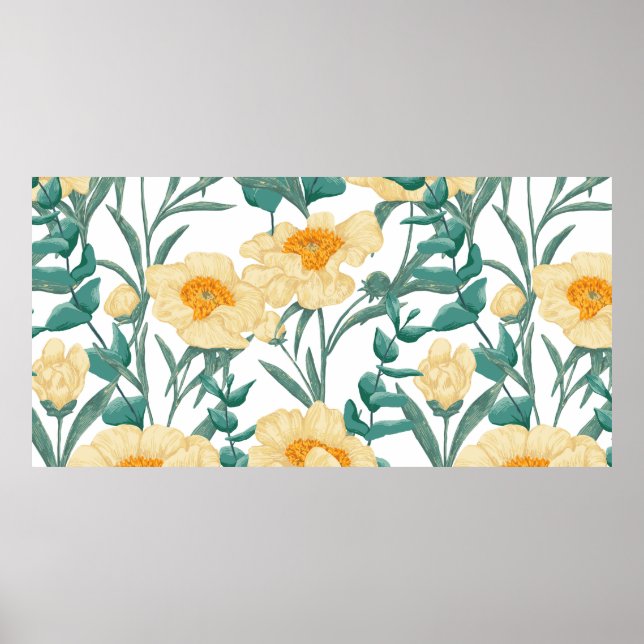 Peony Claire de Lune plants seamless pattern. Hand Poster (Front)