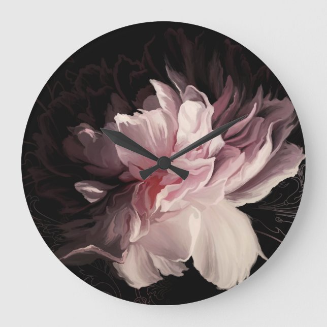 Peony Dark Wall: Painted Flower Design Large Clock (Front)