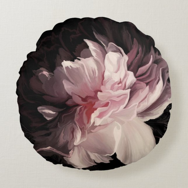 Peony Dark Wall: Painted Flower Design Round Cushion (Front)