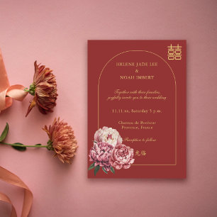 Peony Double Happiness Modern Chinese Red Wedding  Invitation