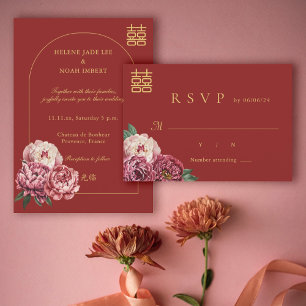 Peony Double Happiness Modern Chinese RSVP Wedding Invitation