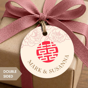 Peony Double Happiness Wedding Round Favour Tags
