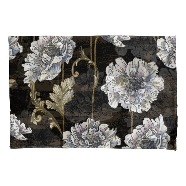 Peony Elegance: Baroque Gold Swirls Pillowcase (Front)