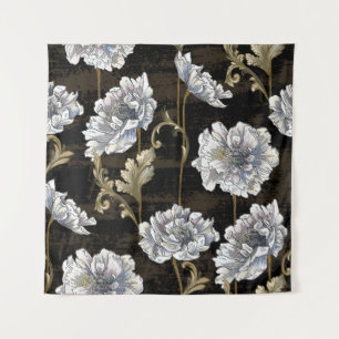 Peony Elegance: Baroque Gold Swirls Tapestry
