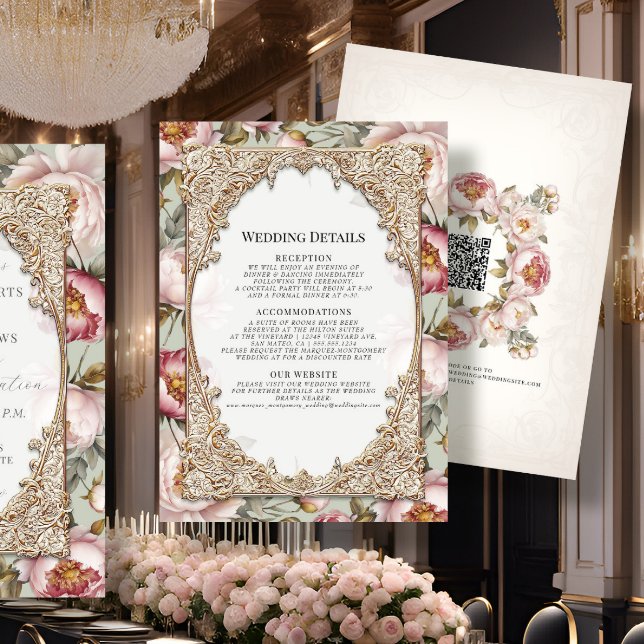 Peony Elegant Floral Gold Pink and Sage Details Invitation (Creator Uploaded)