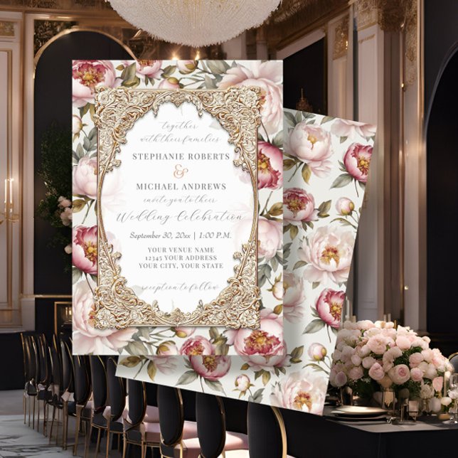 Peony Elegant Floral Gold w Pink and Cream Wedding Invitation (Creator Uploaded)