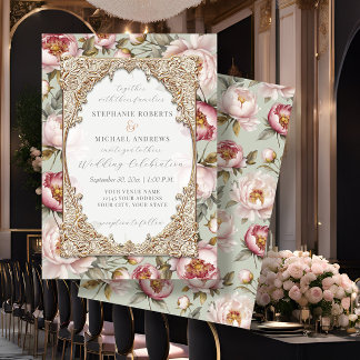 Peony Elegant Floral Gold w Pink and Sage Wedding Invitation