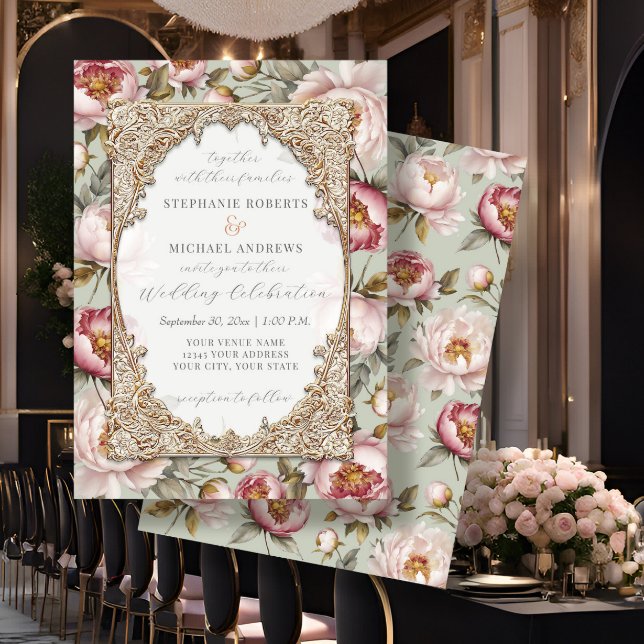 Peony Elegant Floral Gold w Pink and Sage Wedding Invitation (Creator Uploaded)