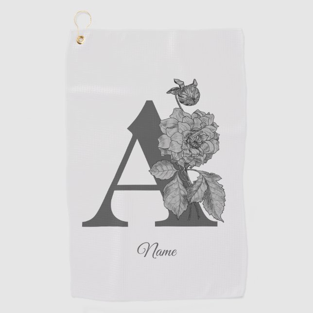 Peony Elegant Monogram Initial A Personalised Golf Towel (Front)