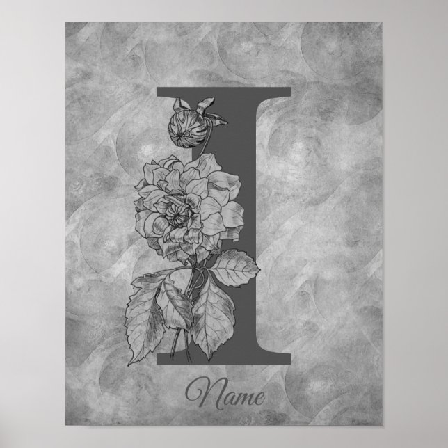 Peony Elegant Monogram Initial I Personalised Poster (Front)