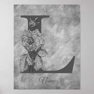 Peony Elegant Monogram Initial L Personalised Poster