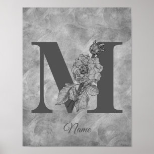 Peony Elegant Monogram Initial M Personalised Poster