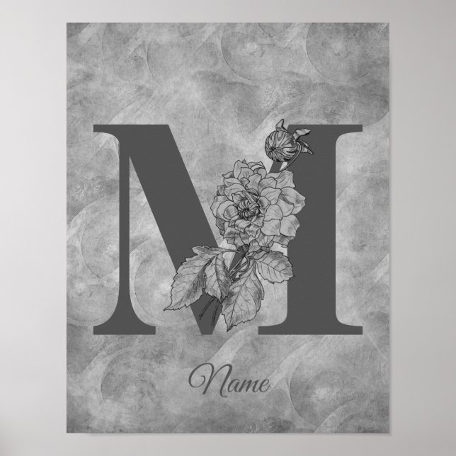 Peony Elegant Monogram Initial M Personalised Poster (Front)