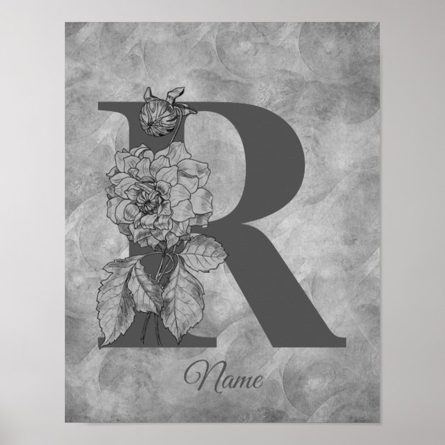 Peony Elegant Monogram Initial R Personalised Poster (Front)