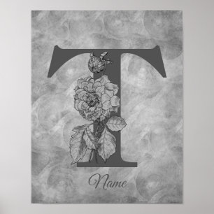 Peony Elegant Monogram Initial T Personalised Poster