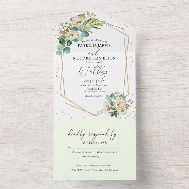 Peony Eucalyptus Floral Geometric Wedding  All In One Invitation (Inside)