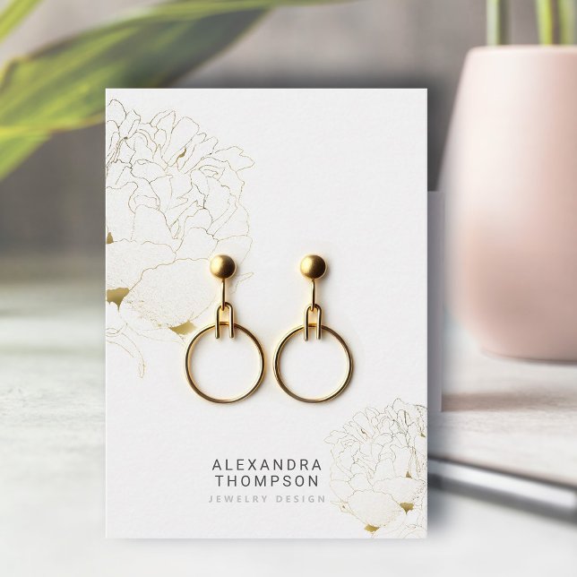Peony Faux Gold Modern Sketch Jewellery Display Business Card (floral earrings jewelry display card faux gold peony art sketch modern minimalist elegant template)
