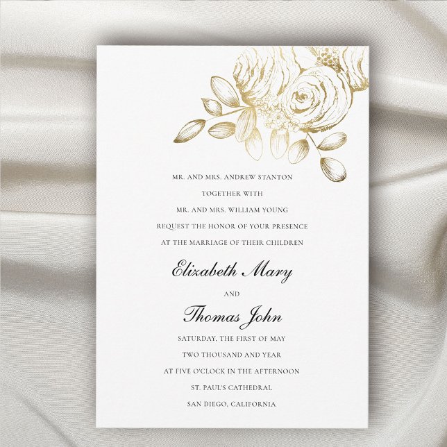 Peony Faux Gold Sketch Formal Traditional Wedding Invitation (peonies wedding invitation formal traditional elegant faux gold floral sketch fine art luxury unique)