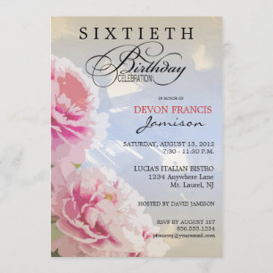 Peony Floral 60th Birthday Party Invitation Blue