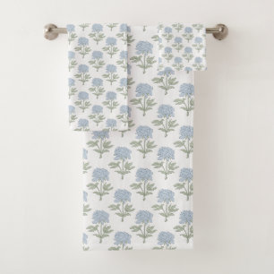 Peony Floral Block Print Cottage White Blue Green Bath Towel Set