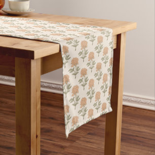Peony Floral Block Print Vintage Boho Warm Neutral Short Table Runner