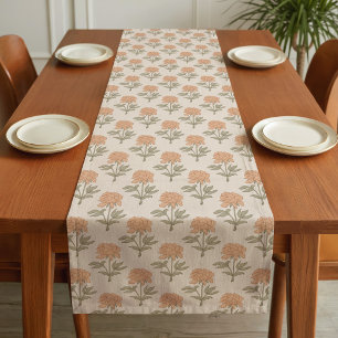 Peony Floral Block Print Vintage Boho Warm Neutral Short Table Runner